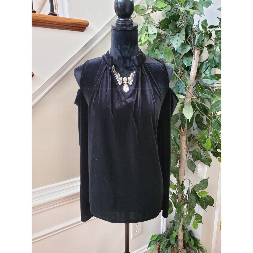 Neiman Marcus Women Black Polyester Cold Shoulder Sleeve Top Shirt Size X-Large